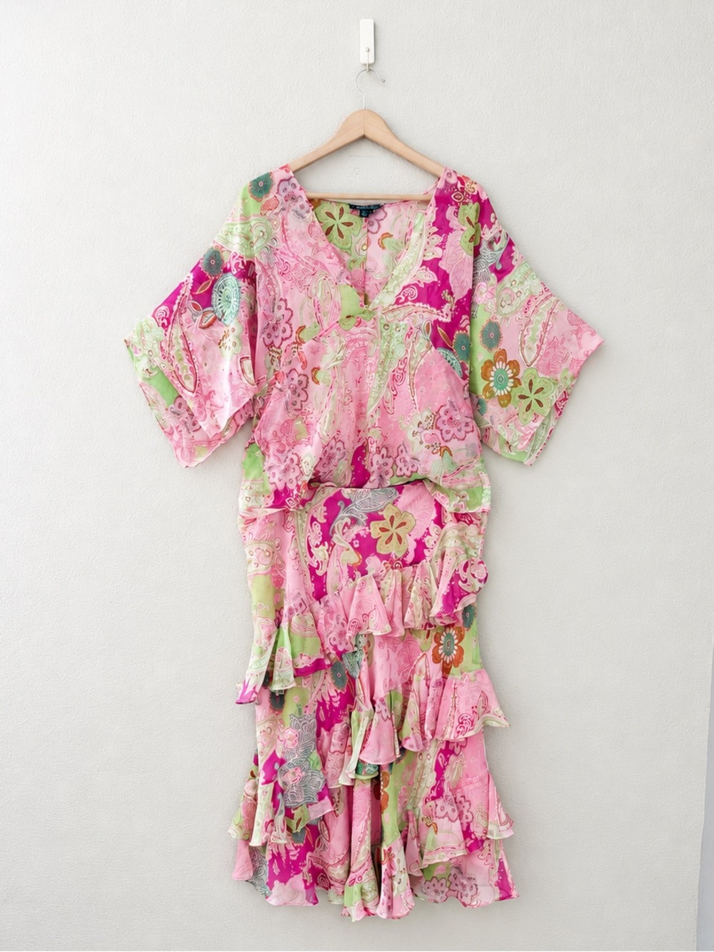 Ralph Lauren Vintage Paisley Ruffle Silk Skirt Top Set XL Pink Asymmetric Fairy